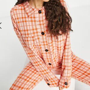 Asos Design Orange & White Plaid Button-Up Shirt Shacket Jersey Cropped Size 4